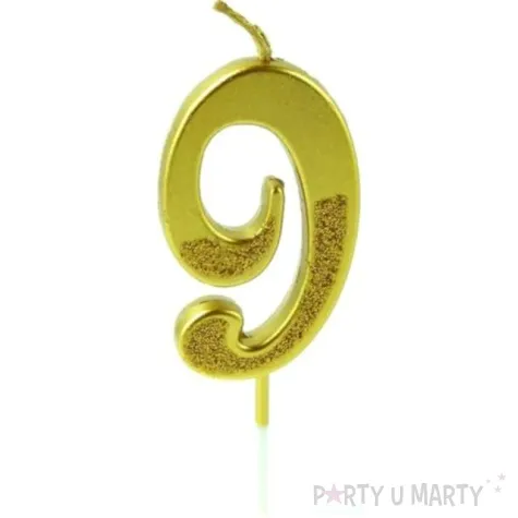 swieczka na tort cyfra 9 brokatowa zlota jix 12 cm