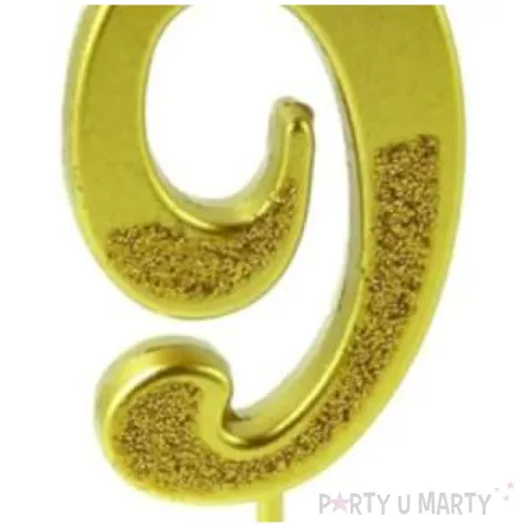 swieczka na tort cyfra 9 brokatowa zlota jix 12 cm