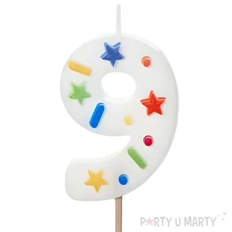 swieczka na tort cyfra 9 konfetti bialy partydeco 10 cm