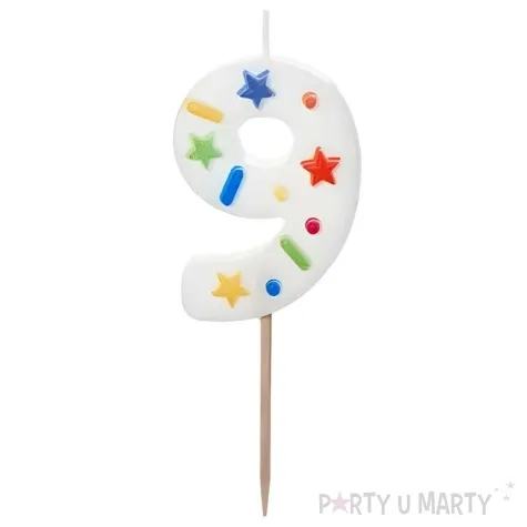 swieczka na tort cyfra 9 konfetti bialy partydeco 10 cm