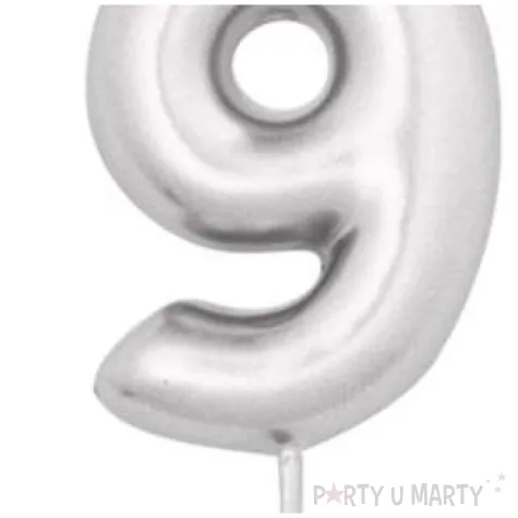 swieczka na tort cyfra 9 srebrny metalik givi 8 cm