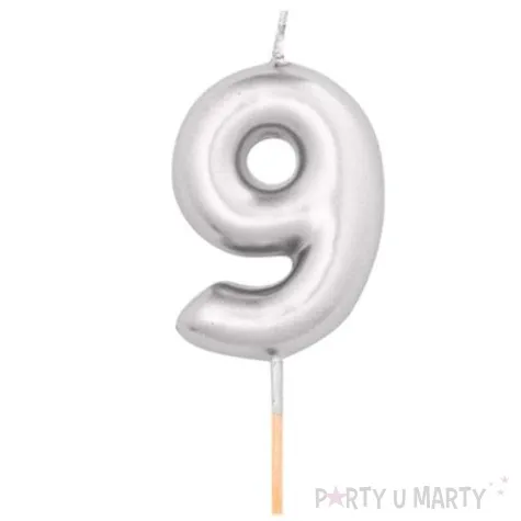 swieczka na tort cyfra 9 srebrny metalik givi 8 cm