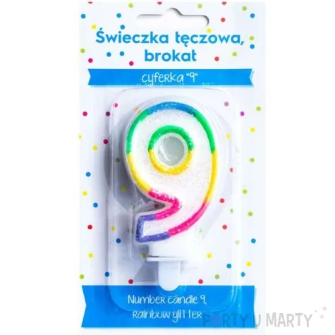 swieczka na tort cyfra 9 teczowa brokatowa kraszek 7 cm