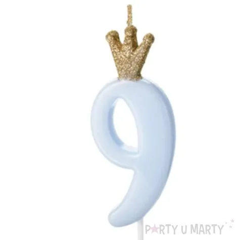 swieczka na tort cyfra 9 w koronie blekitna partydeco 9 5 cm