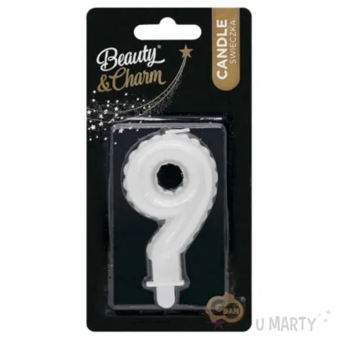 swieczka na tort cyfra 9 wypustki biala perlowa godan 7 cm