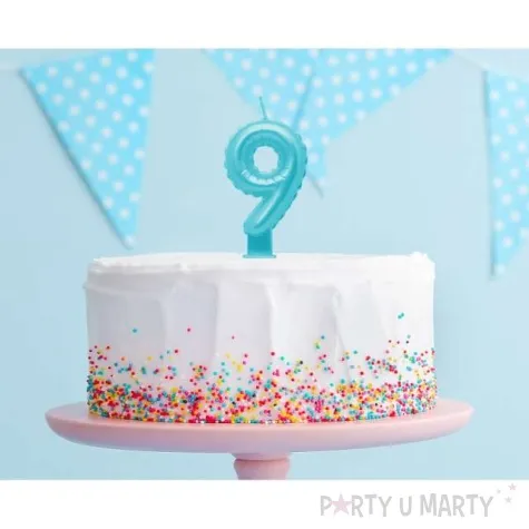 swieczka na tort cyfra 9 wypustki niebieska jasna perlowa godan 7 cm