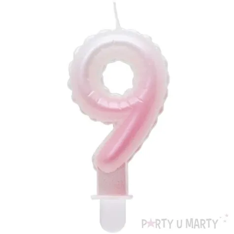 swieczka na tort cyfra 9 wypustki ombre bialo rozowa perlowa godan 7 cm