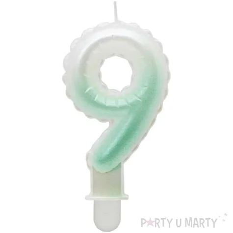 swieczka na tort cyfra 9 wypustki ombre bialo zielona perlowa godan 7 cm