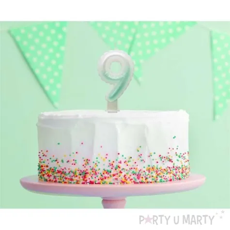 swieczka na tort cyfra 9 wypustki ombre bialo zielona perlowa godan 7 cm