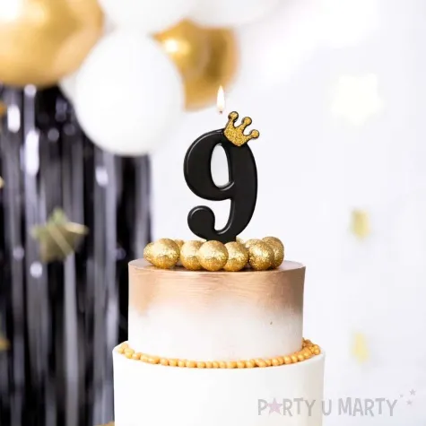 swieczka na tort cyfra 9 zlota korona czarny partypal 8 8 cm