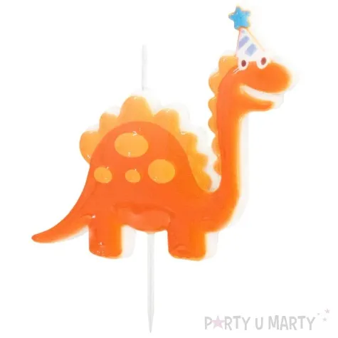 swieczka na tort dinozaur brachiosaurus z czapeczka pomaranczowy partypal 9 cm