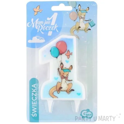 swieczka na tort roczek cyferka 1 z kangurkiem niebieska godan