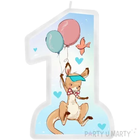 swieczka na tort roczek cyferka 1 z kangurkiem niebieska godan