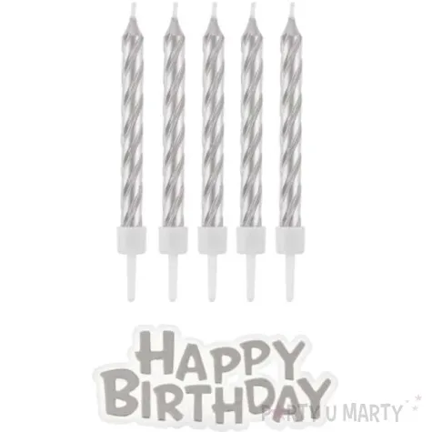 swieczki na tort happy birthday zakrecone srebrne 8 cm 16 szt
