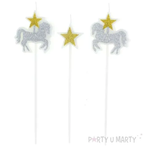 swieczki na tort pikery konie z gwiazdkami srebrno zlote partypal 3 szt