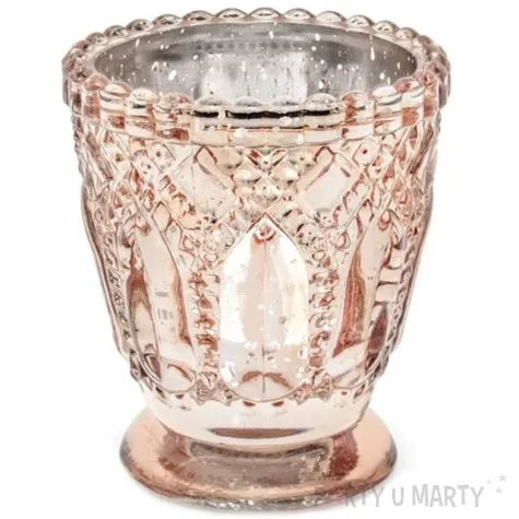 swiecznik ornament rozowo zloty partydeco szklany 8x7 cm 4 szt