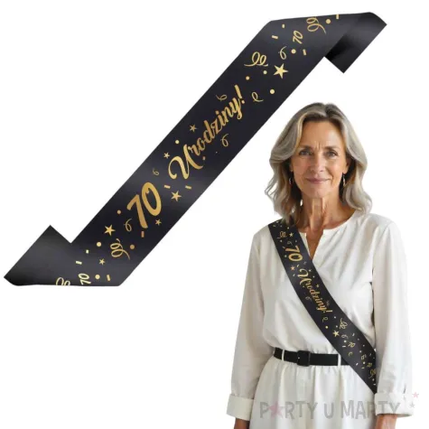 szarfa urodzinowa 70 urodziny glamour czarno zlota 160 cm