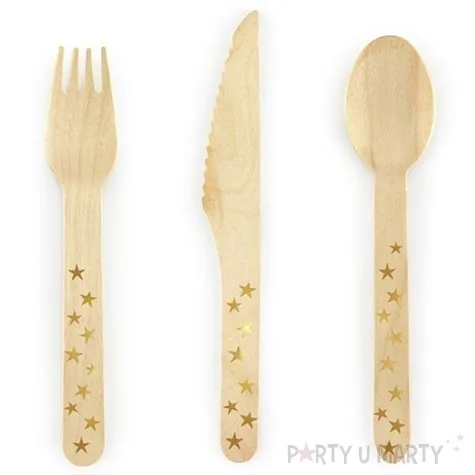 sztucce drewniane gwiazdki zlote 16 cm 18 szt