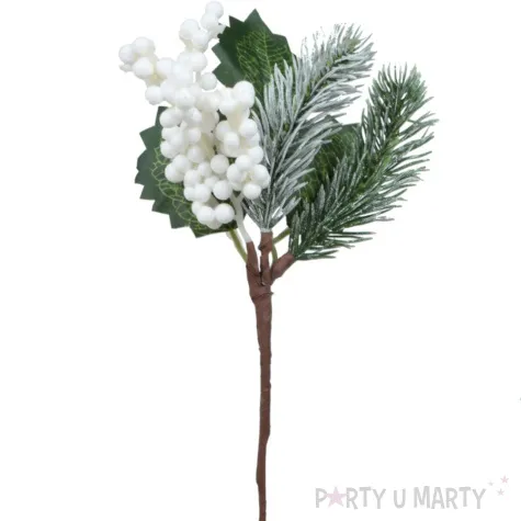 sztuczny kwiat galazka osniezona choinka z jarzembina bialy bomm 22 cm