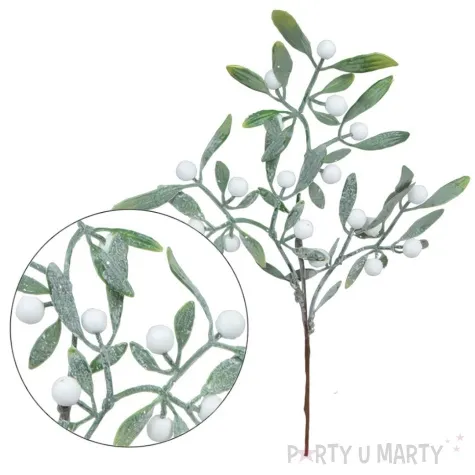 sztuczny kwiat galazka osniezona z kulkami bialy bomm 33 cm