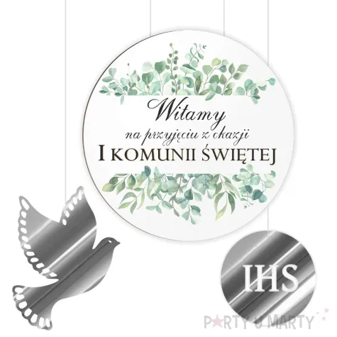 tablica powitalna i zawieszki eukaliptus beauty srebrne dekoracje na komunie girlanda 29 cm