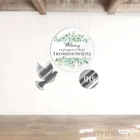 tablica powitalna i zawieszki eukaliptus beauty srebrne dekoracje na komunie girlanda 29 cm