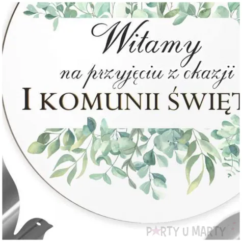 tablica powitalna i zawieszki eukaliptus beauty srebrne dekoracje na komunie girlanda 29 cm