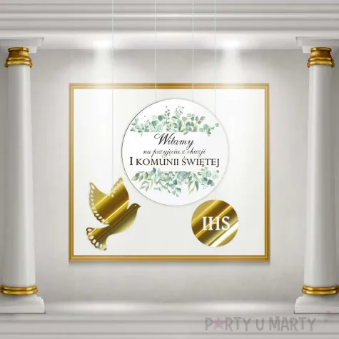 tablica powitalna i zawieszki eukaliptus beauty zlote dekoracje na komunie girlanda 29 cm