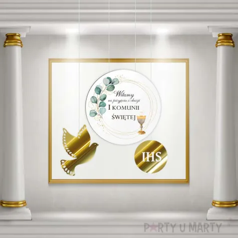 tablica powitalna i zawieszki eukaliptus z hostia zlote dekoracje na komunie girlanda 29 cm