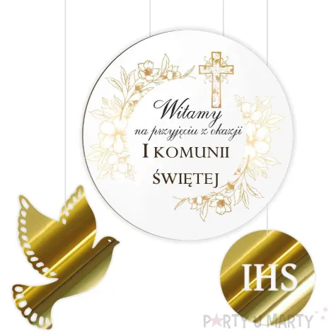 tablica powitalna i zawieszki gold line zlote dekoracje na komunie girlanda 29 cm