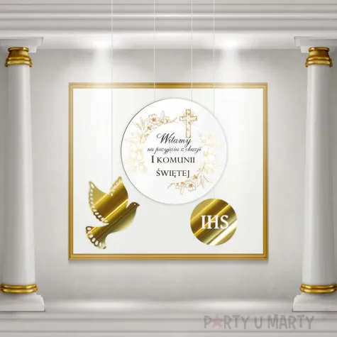 tablica powitalna i zawieszki gold line zlote dekoracje na komunie girlanda 29 cm