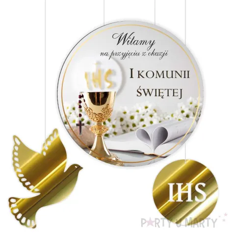 tablica powitalna i zawieszki kielich z biblia zlote dekoracje na komunie girlanda 29 cm