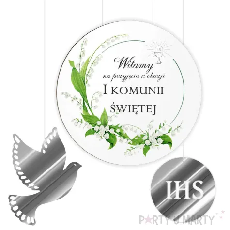 tablica powitalna i zawieszki konwalie srebrne dekoracje na komunie girlanda 29 cm