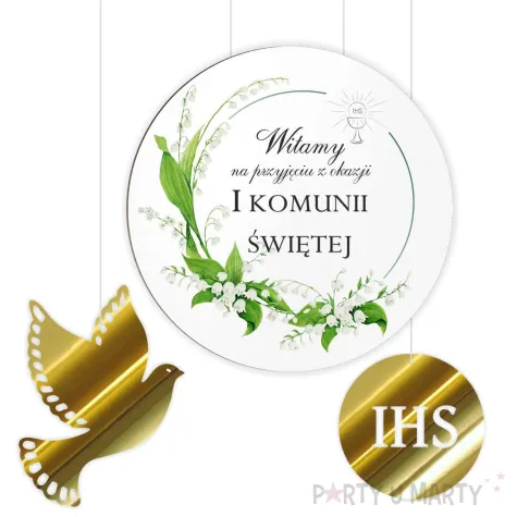 tablica powitalna i zawieszki konwalie zlote dekoracje na komunie girlanda 29 cm