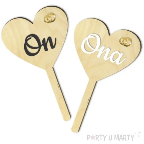 tabliczki na oczepiny serca ona on ja naturalne drewno 2 szt