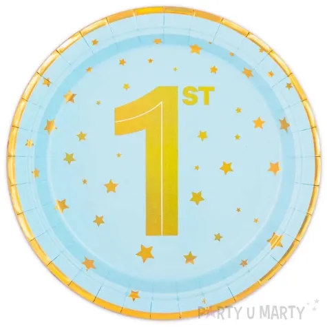 talerzyki papierowe 1 st birthday zlote gwiazdki blekitny partypal 18 cm 6 szt