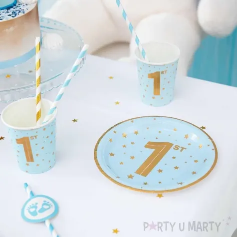 talerzyki papierowe 1 st birthday zlote gwiazdki blekitny partypal 18 cm 6 szt