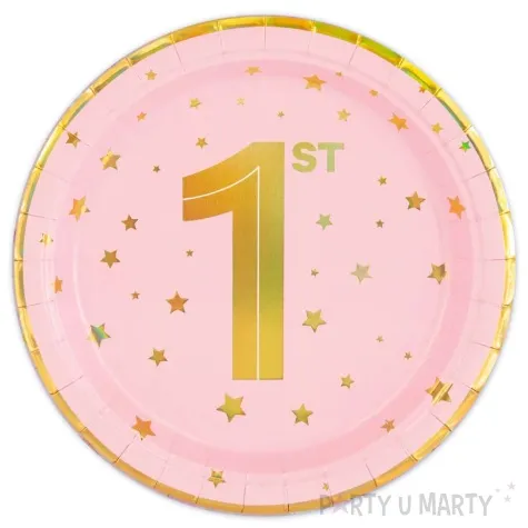 talerzyki papierowe 1 st birthday zlote gwiazdki rozowy jasny partypal 18 cm 6 szt