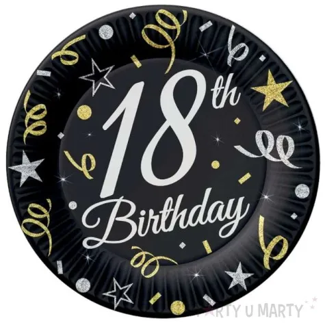 talerzyki papierowe 18th birthday 18 urodziny czarny godan 18 cm 8 szt
