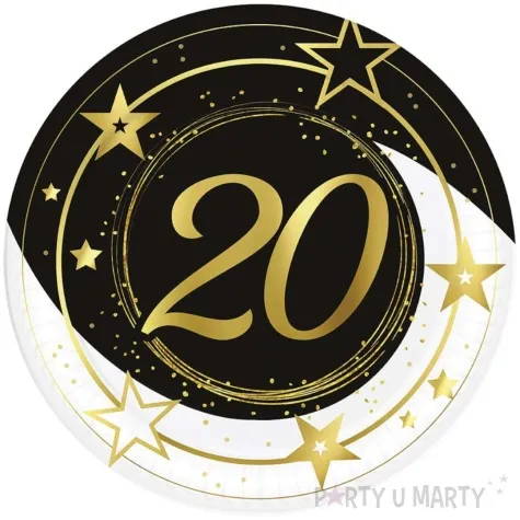 talerzyki papierowe 20 urodziny gwiazdy czarno zloty guirca 23 cm 6 szt