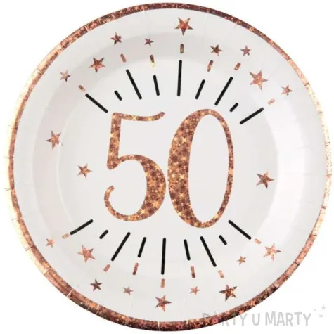 talerzyki papierowe 50 urodziny rozowe zloto bialy santex 22 5 cm 10 szt