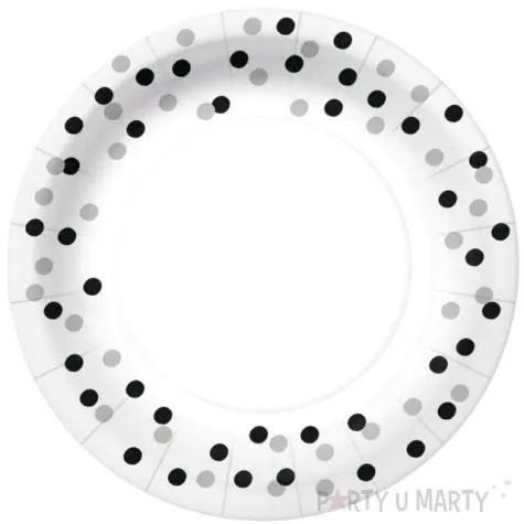talerzyki papierowe czarno srebrne konfetti biale paw 18 cm 10 szt