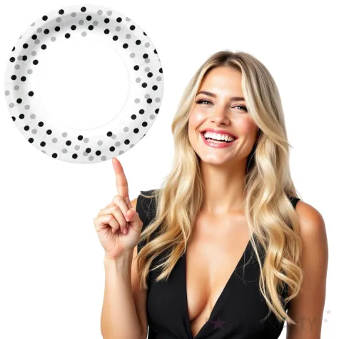 talerzyki papierowe czarno srebrne konfetti biale paw 23 cm 10 szt