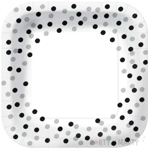 talerzyki papierowe czarno srebrne konfetti kwadratowe biale paw 23 x 23 cm 10 szt