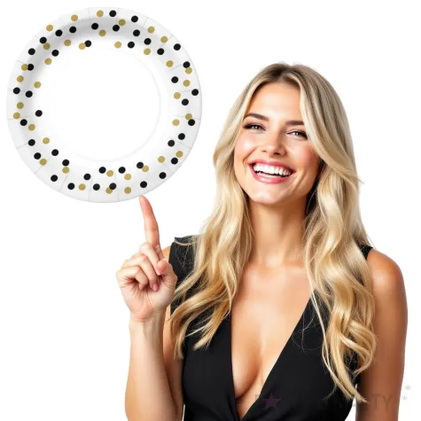 talerzyki papierowe czarno zlote konfetti biale paw 18 cm 10 szt