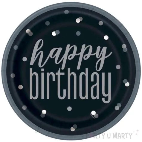 talerzyki papierowe glitz happy birthday czarno srebrne unique 23 cm 8 szt