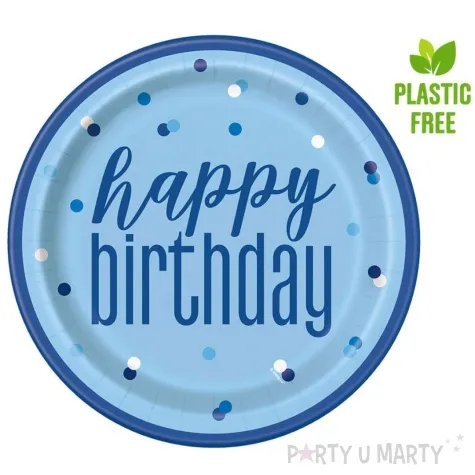 talerzyki papierowe glitz happy birthday niebieskie unique 23 cm 8 szt