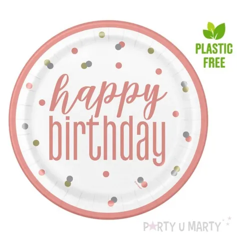 talerzyki papierowe glitz happy birthday rozowo zlote unique 23 cm 8 szt