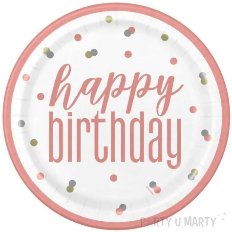 talerzyki papierowe glitz happy birthday rozowo zlote unique 23 cm 8 szt