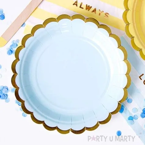 talerzyki papierowe golden border niebieskie jasne partydeco 18 cm 6 szt